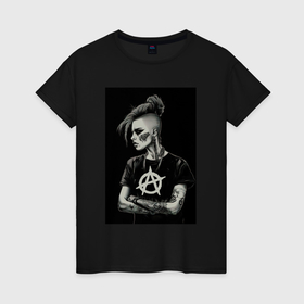 Женская футболка хлопок с принтом Девушка анархистка черно белый стиль в Белгороде, 100% хлопок | прямой крой, круглый вырез горловины, длина до линии бедер, слегка спущенное плечо | 
