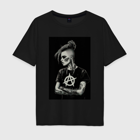 Мужская футболка хлопок Oversize с принтом Девушка анархистка черно белый стиль в Белгороде, 100% хлопок | свободный крой, круглый ворот, “спинка” длиннее передней части | Тематика изображения на принте: 