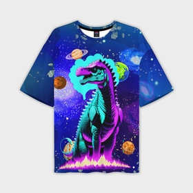 Мужская футболка oversize 3D с принтом Динозавр в космосе   неоновое свечение в Тюмени,  |  | 