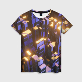 Женская футболка 3D с принтом Фиолетовые и светящиеся кубы в Екатеринбурге, 100% полиэфир ( синтетическое хлопкоподобное полотно) | прямой крой, круглый вырез горловины, длина до линии бедер | 
