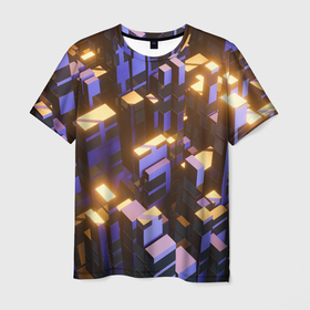 Мужская футболка 3D с принтом Фиолетовые и светящиеся кубы в Белгороде, 100% полиэфир | прямой крой, круглый вырез горловины, длина до линии бедер | 