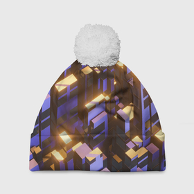 Шапка 3D c помпоном с принтом Фиолетовые и светящиеся кубы в Тюмени, 100% полиэстер | универсальный размер, печать по всей поверхности изделия | 