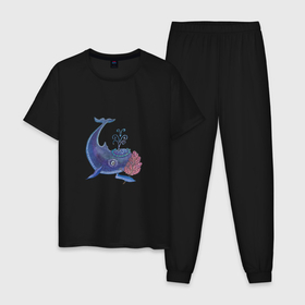 Мужская пижама хлопок с принтом Мультяшный кит романтик в Новосибирске, 100% хлопок | брюки и футболка прямого кроя, без карманов, на брюках мягкая резинка на поясе и по низу штанин
 | Тематика изображения на принте: 