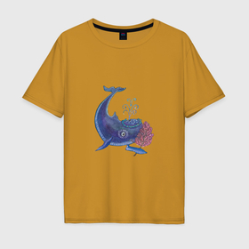 Мужская футболка хлопок Oversize с принтом Мультяшный кит романтик в Новосибирске, 100% хлопок | свободный крой, круглый ворот, “спинка” длиннее передней части | Тематика изображения на принте: 