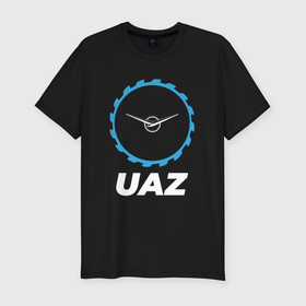 Мужская футболка хлопок Slim с принтом UAZ в стиле Top Gear в Петрозаводске, 92% хлопок, 8% лайкра | приталенный силуэт, круглый вырез ворота, длина до линии бедра, короткий рукав | Тематика изображения на принте: 