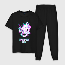 Мужская пижама хлопок с принтом Cyberpunk 2077 в стиле glitch и баги графики , 100% хлопок | брюки и футболка прямого кроя, без карманов, на брюках мягкая резинка на поясе и по низу штанин
 | Тематика изображения на принте: 