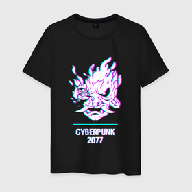 Мужская футболка хлопок с принтом Cyberpunk 2077 в стиле glitch и баги графики в Тюмени, 100% хлопок | прямой крой, круглый вырез горловины, длина до линии бедер, слегка спущенное плечо. | 