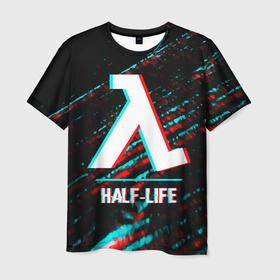 Мужская футболка 3D с принтом Half Life в стиле glitch и баги графики на темном фоне в Кировске, 100% полиэфир | прямой крой, круглый вырез горловины, длина до линии бедер | Тематика изображения на принте: 