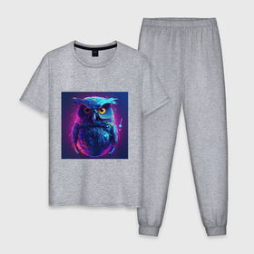 Мужская пижама хлопок с принтом Сова в неоновых красках , 100% хлопок | брюки и футболка прямого кроя, без карманов, на брюках мягкая резинка на поясе и по низу штанин
 | 