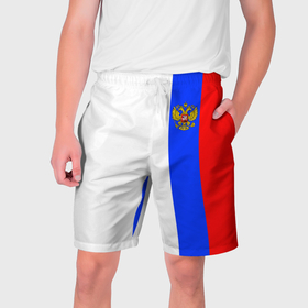 Мужские шорты 3D с принтом Цвета России   герб в Санкт-Петербурге,  полиэстер 100% | прямой крой, два кармана без застежек по бокам. Мягкая трикотажная резинка на поясе, внутри которой широкие завязки. Длина чуть выше колен | 