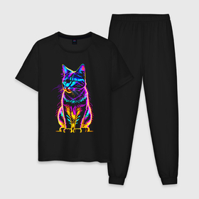 Мужская пижама хлопок с принтом Неоновый светящийся котик в Белгороде, 100% хлопок | брюки и футболка прямого кроя, без карманов, на брюках мягкая резинка на поясе и по низу штанин
 | 