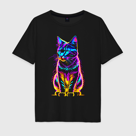 Мужская футболка хлопок Oversize с принтом Неоновый светящийся котик в Кировске, 100% хлопок | свободный крой, круглый ворот, “спинка” длиннее передней части | 