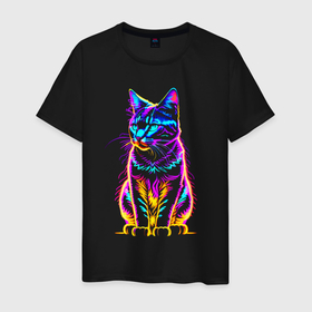 Мужская футболка хлопок с принтом Неоновый светящийся котик в Белгороде, 100% хлопок | прямой крой, круглый вырез горловины, длина до линии бедер, слегка спущенное плечо. | 