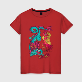Женская футболка хлопок с принтом Дракон и Феникс: символы любви и удачи в Санкт-Петербурге, 100% хлопок | прямой крой, круглый вырез горловины, длина до линии бедер, слегка спущенное плечо | 