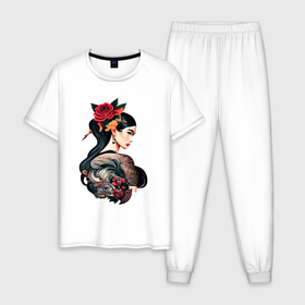 Мужская пижама хлопок с принтом Irezumi tattoo стиль девушка лотос в Кировске, 100% хлопок | брюки и футболка прямого кроя, без карманов, на брюках мягкая резинка на поясе и по низу штанин
 | Тематика изображения на принте: 
