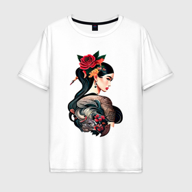 Мужская футболка хлопок Oversize с принтом Irezumi tattoo стиль девушка лотос в Кировске, 100% хлопок | свободный крой, круглый ворот, “спинка” длиннее передней части | Тематика изображения на принте: 