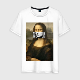 Мужская футболка хлопок с принтом Мона Лиза Да Винчи в Екатеринбурге, 100% хлопок | прямой крой, круглый вырез горловины, длина до линии бедер, слегка спущенное плечо. | 