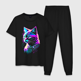 Мужская пижама хлопок с принтом Neon cat   neural network , 100% хлопок | брюки и футболка прямого кроя, без карманов, на брюках мягкая резинка на поясе и по низу штанин
 | 
