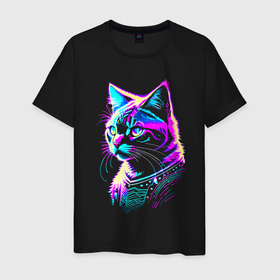 Мужская футболка хлопок с принтом Neon cat   neural network , 100% хлопок | прямой крой, круглый вырез горловины, длина до линии бедер, слегка спущенное плечо. | Тематика изображения на принте: 