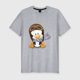 Мужская футболка хлопок Slim с принтом пингвин в шапке лётчика в Санкт-Петербурге, 92% хлопок, 8% лайкра | приталенный силуэт, круглый вырез ворота, длина до линии бедра, короткий рукав | Тематика изображения на принте: 