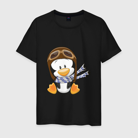 Мужская футболка хлопок с принтом пингвин в шапке лётчика , 100% хлопок | прямой крой, круглый вырез горловины, длина до линии бедер, слегка спущенное плечо. | Тематика изображения на принте: 