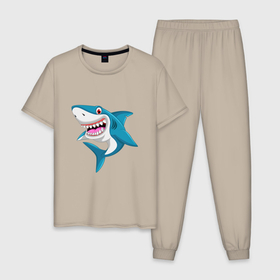 Мужская пижама хлопок с принтом улыбка акулы в Белгороде, 100% хлопок | брюки и футболка прямого кроя, без карманов, на брюках мягкая резинка на поясе и по низу штанин
 | Тематика изображения на принте: 