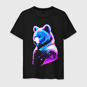 Мужская футболка хлопок с принтом Светящийся звёздный медведь   нейросеть в Белгороде, 100% хлопок | прямой крой, круглый вырез горловины, длина до линии бедер, слегка спущенное плечо. | 