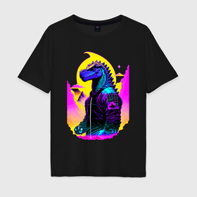 Мужская футболка хлопок Oversize с принтом Cool dinosaur   cyberpunk   neural network , 100% хлопок | свободный крой, круглый ворот, “спинка” длиннее передней части | Тематика изображения на принте: 