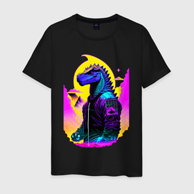 Мужская футболка хлопок с принтом Cool dinosaur   cyberpunk   neural network , 100% хлопок | прямой крой, круглый вырез горловины, длина до линии бедер, слегка спущенное плечо. | Тематика изображения на принте: 