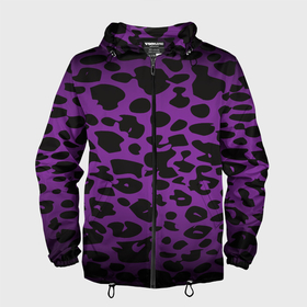 Мужская ветровка 3D с принтом Фиолетовый леопард в Екатеринбурге, 100% полиэстер | подол и капюшон оформлены резинкой с фиксаторами, два кармана без застежек по бокам, один потайной карман на груди | Тематика изображения на принте: 