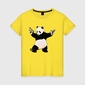 Женская футболка хлопок с принтом Панда с пистолетами , 100% хлопок | прямой крой, круглый вырез горловины, длина до линии бедер, слегка спущенное плечо | 