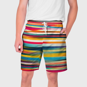 Мужские шорты 3D с принтом Разноцветные горизонтальные полосы ,  полиэстер 100% | прямой крой, два кармана без застежек по бокам. Мягкая трикотажная резинка на поясе, внутри которой широкие завязки. Длина чуть выше колен | 