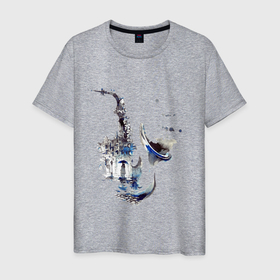 Мужская футболка хлопок с принтом Саксофон дым тень в Белгороде, 100% хлопок | прямой крой, круглый вырез горловины, длина до линии бедер, слегка спущенное плечо. | 