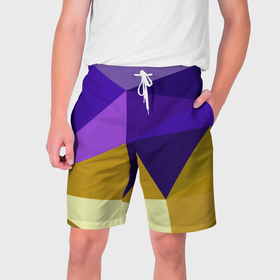 Мужские шорты 3D с принтом Фиолетово золотые многоугольники в Курске,  полиэстер 100% | прямой крой, два кармана без застежек по бокам. Мягкая трикотажная резинка на поясе, внутри которой широкие завязки. Длина чуть выше колен | 