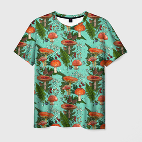 Мужская футболка 3D с принтом мухоморы и лесные ягоды в Кировске, 100% полиэфир | прямой крой, круглый вырез горловины, длина до линии бедер | 
