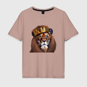 Мужская футболка хлопок Oversize с принтом Лев с короной в Петрозаводске, 100% хлопок | свободный крой, круглый ворот, “спинка” длиннее передней части | 