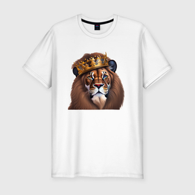 Мужская футболка хлопок Slim с принтом Лев с короной в Петрозаводске, 92% хлопок, 8% лайкра | приталенный силуэт, круглый вырез ворота, длина до линии бедра, короткий рукав | 