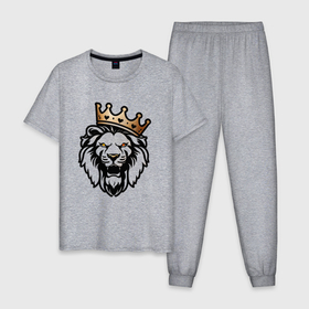 Мужская пижама хлопок с принтом Грозный лев в короне в Петрозаводске, 100% хлопок | брюки и футболка прямого кроя, без карманов, на брюках мягкая резинка на поясе и по низу штанин
 | Тематика изображения на принте: 
