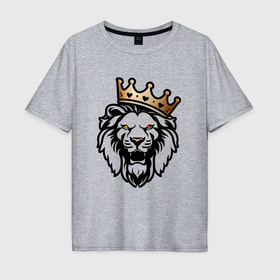 Мужская футболка хлопок Oversize с принтом Грозный лев в короне в Санкт-Петербурге, 100% хлопок | свободный крой, круглый ворот, “спинка” длиннее передней части | Тематика изображения на принте: 