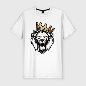 Мужская футболка хлопок Slim с принтом Грозный лев в короне в Петрозаводске, 92% хлопок, 8% лайкра | приталенный силуэт, круглый вырез ворота, длина до линии бедра, короткий рукав | 