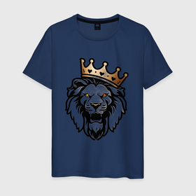 Мужская футболка хлопок с принтом Грозный лев в короне в Петрозаводске, 100% хлопок | прямой крой, круглый вырез горловины, длина до линии бедер, слегка спущенное плечо. | Тематика изображения на принте: 