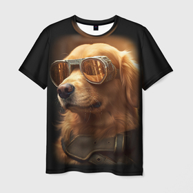 Мужская футболка 3D с принтом Золотистый ретривер  в золотых очках , 100% полиэфир | прямой крой, круглый вырез горловины, длина до линии бедер | 