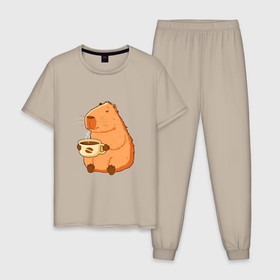 Мужская пижама хлопок с принтом Капибара с кружкой горячего кофе в Курске, 100% хлопок | брюки и футболка прямого кроя, без карманов, на брюках мягкая резинка на поясе и по низу штанин
 | 