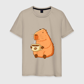 Мужская футболка хлопок с принтом Капибара с кружкой горячего кофе , 100% хлопок | прямой крой, круглый вырез горловины, длина до линии бедер, слегка спущенное плечо. | 