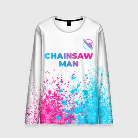 Мужской лонгслив 3D с принтом Chainsaw Man neon gradient style: символ сверху в Кировске, 100% полиэстер | длинные рукава, круглый вырез горловины, полуприлегающий силуэт | 