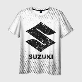 Мужская футболка 3D с принтом Suzuki с потертостями на светлом фоне , 100% полиэфир | прямой крой, круглый вырез горловины, длина до линии бедер | 