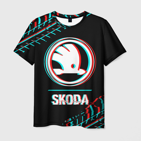 Мужская футболка 3D с принтом Значок Skoda в стиле glitch на темном фоне в Белгороде, 100% полиэфир | прямой крой, круглый вырез горловины, длина до линии бедер | 