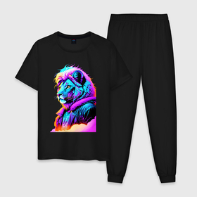 Мужская пижама хлопок с принтом Модный неоновый лев   нейросеть в Курске, 100% хлопок | брюки и футболка прямого кроя, без карманов, на брюках мягкая резинка на поясе и по низу штанин
 | 