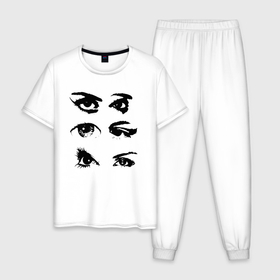 Мужская пижама хлопок с принтом Black contoured eyes в Новосибирске, 100% хлопок | брюки и футболка прямого кроя, без карманов, на брюках мягкая резинка на поясе и по низу штанин
 | Тематика изображения на принте: 