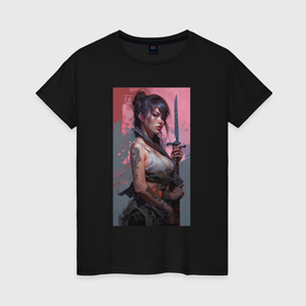 Женская футболка хлопок с принтом девушка  с катаной в Петрозаводске, 100% хлопок | прямой крой, круглый вырез горловины, длина до линии бедер, слегка спущенное плечо | 